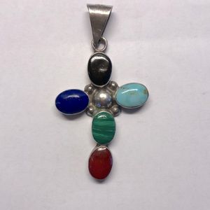 vintage Mexican silver cross pendant with stone inlays
